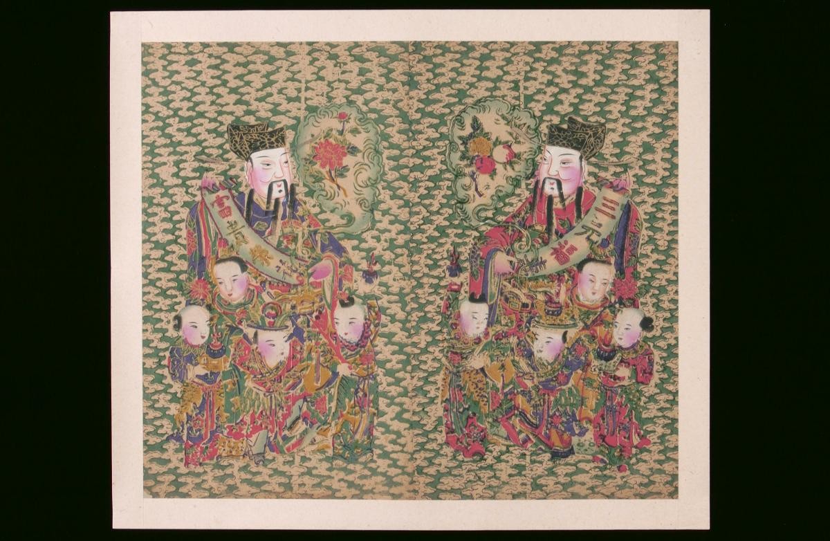 Chinese woodblock prints mounted together depicting Heavenly Officials with children against a cumulus background