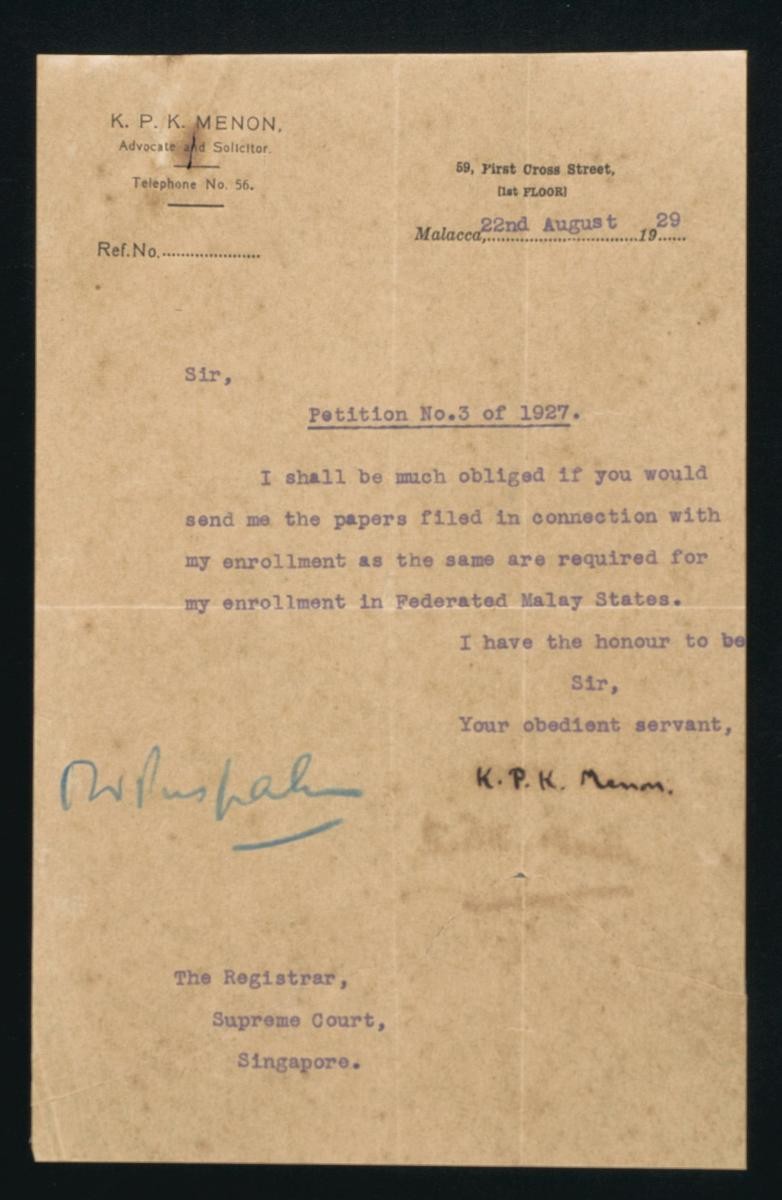 Letter from Kizhaka Puthemmalikal Kesava Menon to the Registrar of the Supreme Court, Singapore