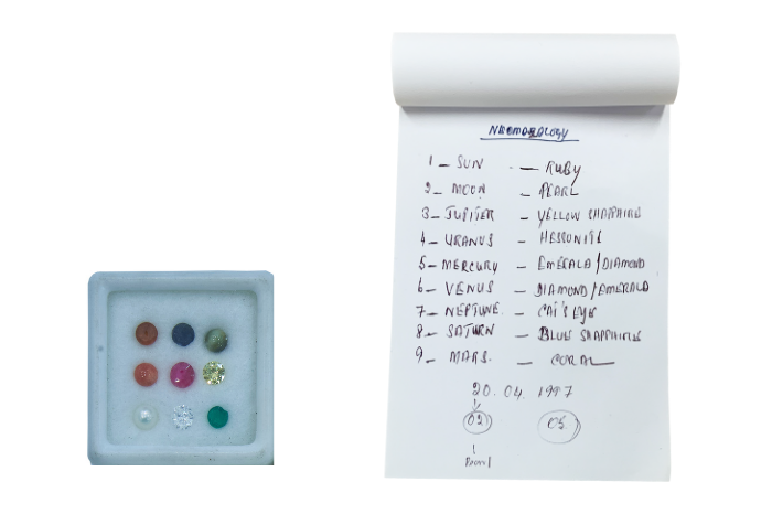 Kiri: Ini adalah set <em>navaratnas</em> ("sembilan permata" dalam bahasa Sanskrit), di mana setiap batu permata sepadan dengan sebuah entiti kosmik dan satu nombor dalam numerologi India.
