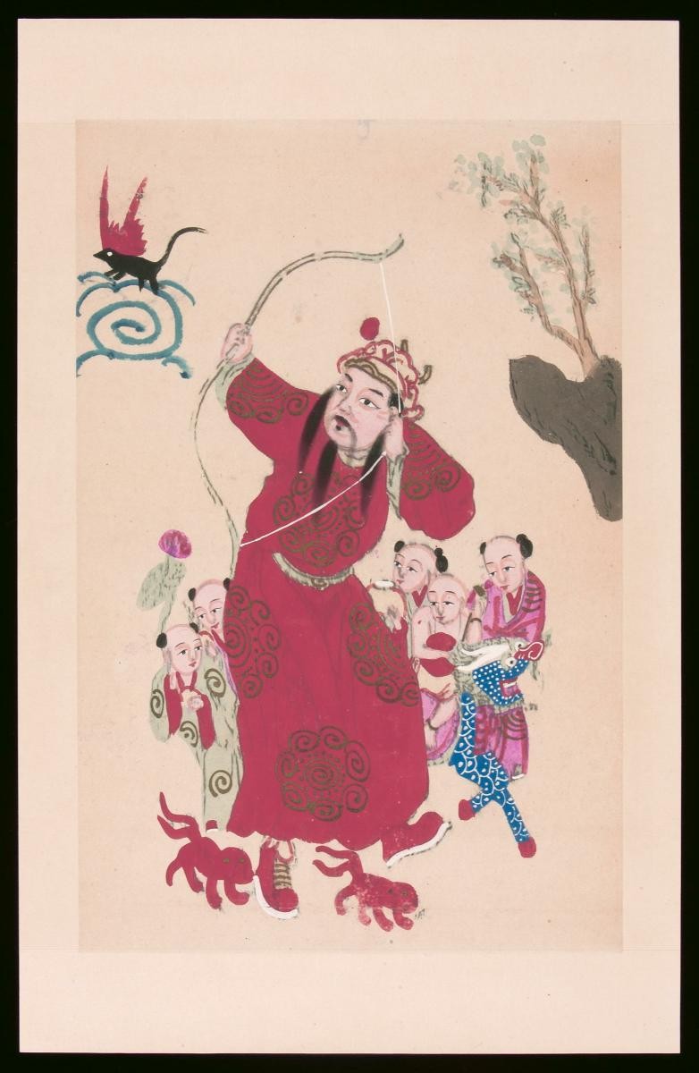 Chinese woodblock print depicting the Celestial Archer, Zhang Xian (张仙), shooting the child-stealing dog