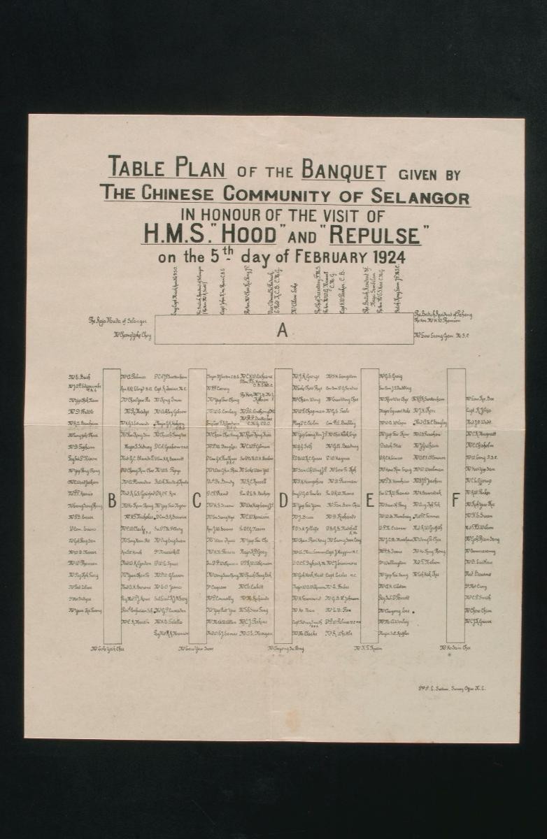 Table seating plan for a banquet involving the crew of HMS Hood, Repulse and the Selangor Chinese community