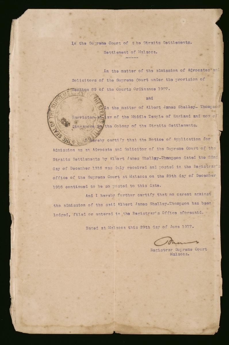 Registrar's certificate of the Supreme Court, Malacca for Albert James Shelley-Thompson