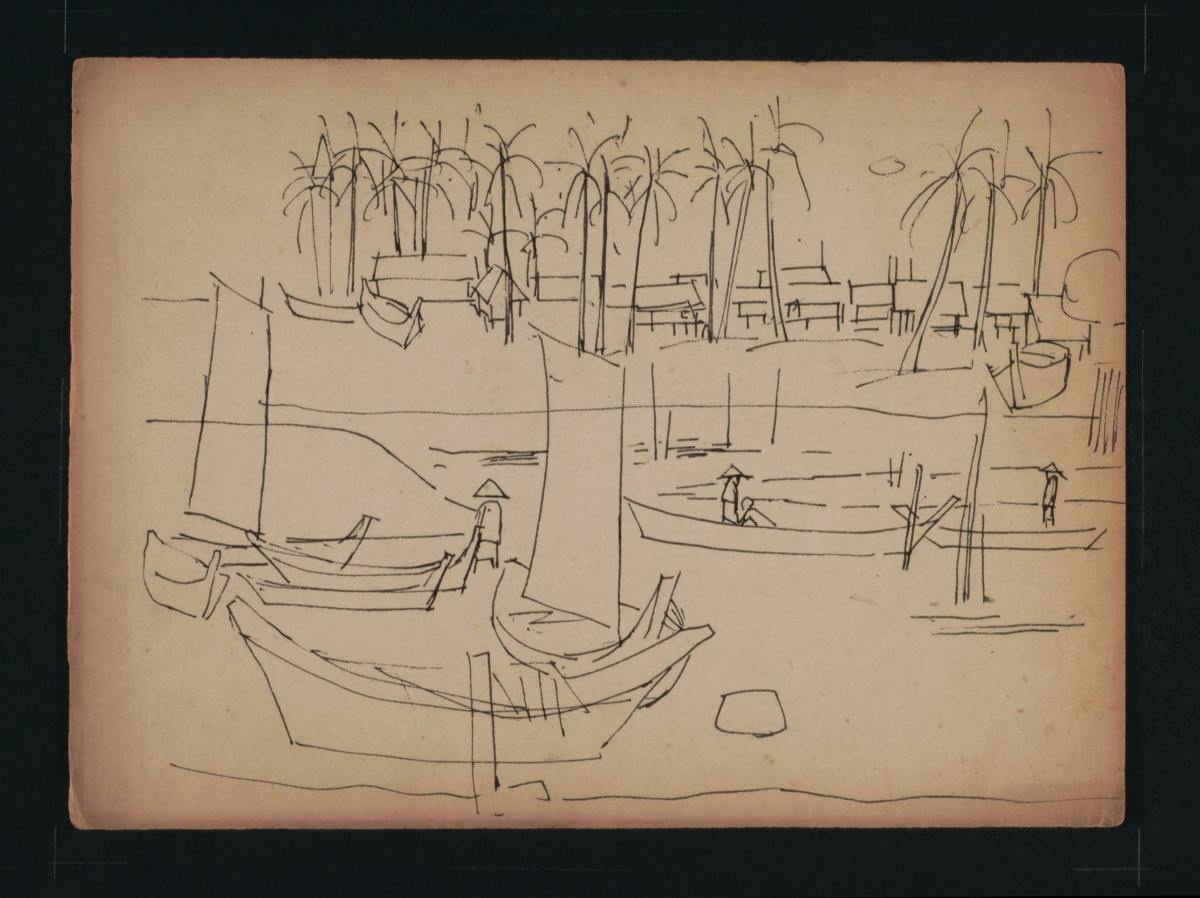 Untitled (Ten Boats, Four Boatmen, Coconut Trees and Village in Background)