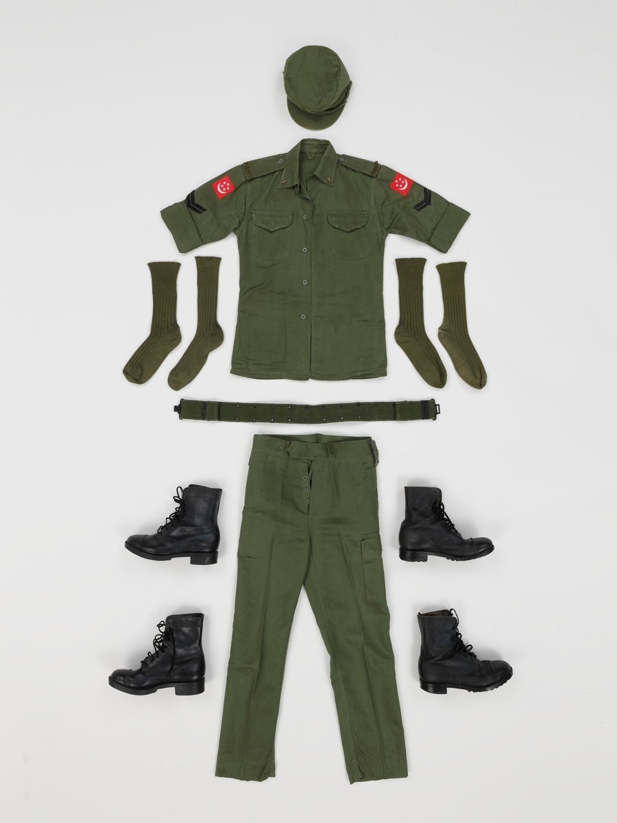 SAF Temasek Green uniform with cap, belt, and additional pair of boots and socks, 1972