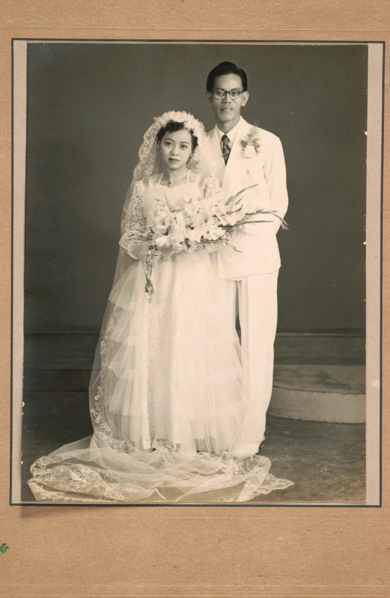 Studio portrait of a bride and groom