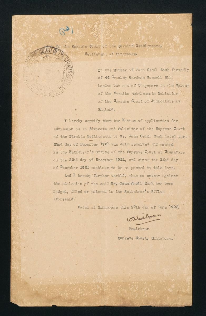 Registrar's certificate of the Supreme Court, Singapore for John Cecil Rash