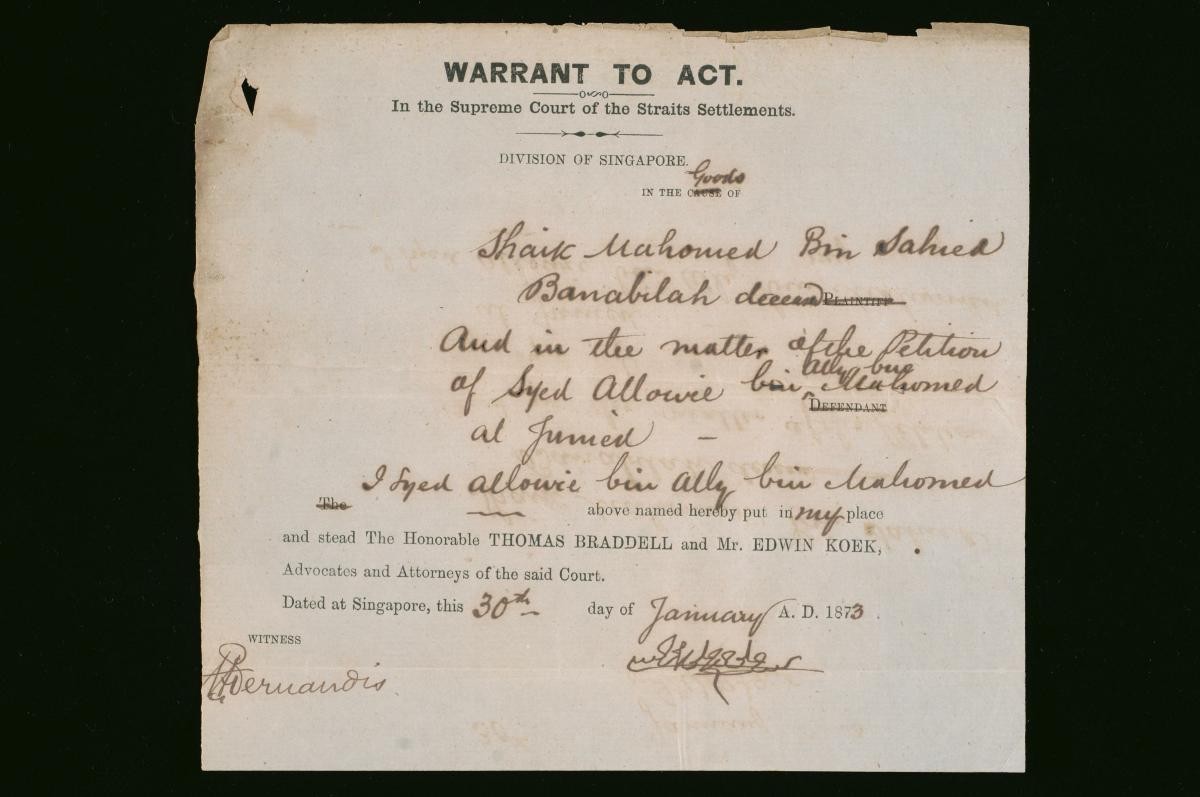 Warrant to act issued by Syed Allowie bin Ally bin Mahomed Aljunied