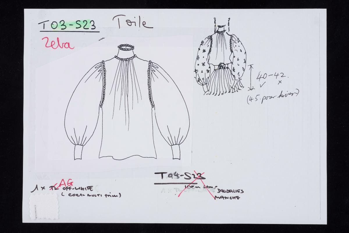 Sketches with fabric swatches from Andrew Gn Spring/Summer 2023 collection