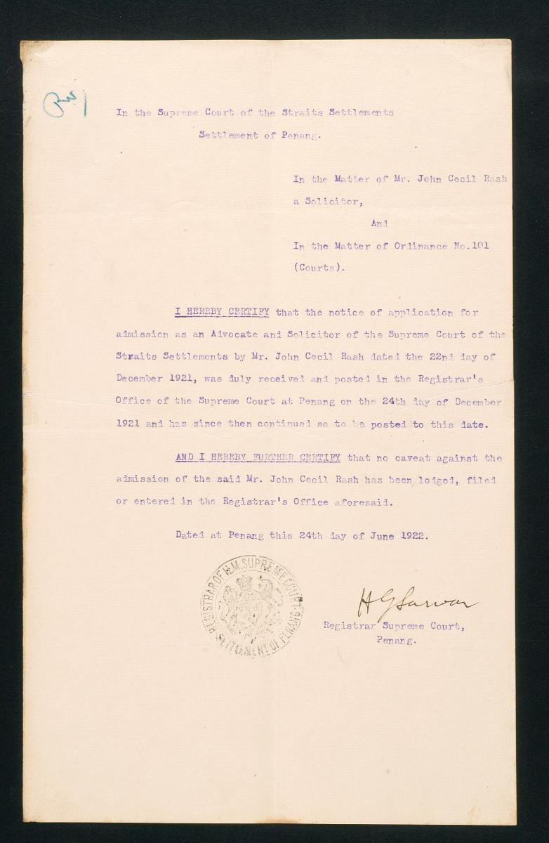 Registrar’s certificate of the Supreme Court, Penang for John Cecil Rash