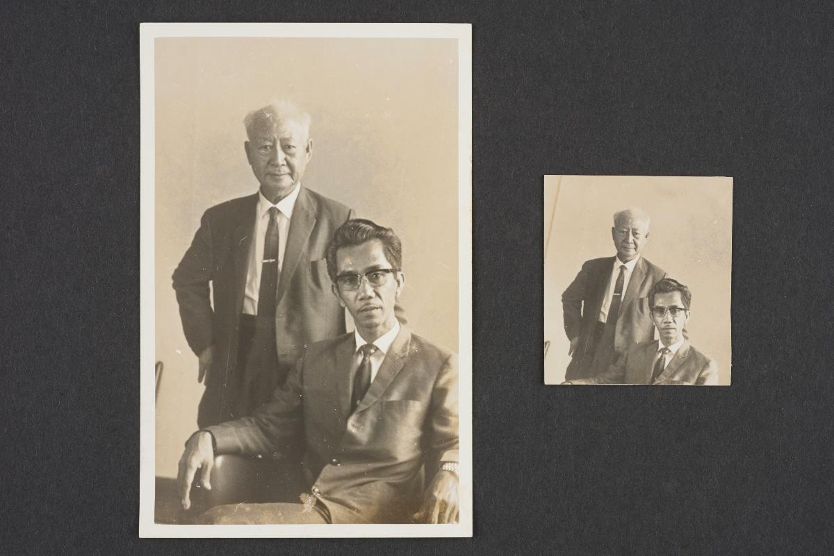 Two photographs of Low Kway Song with a seated man