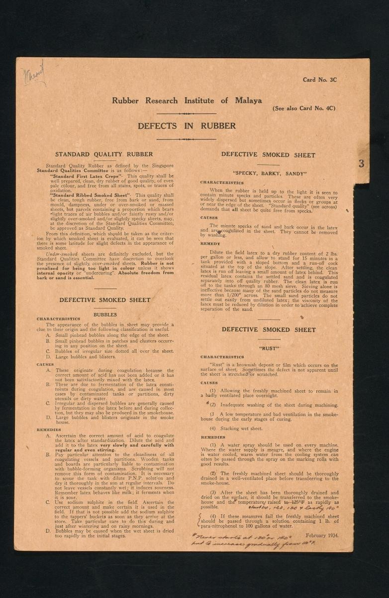 Information card from the Rubber Research Institute of Malaya