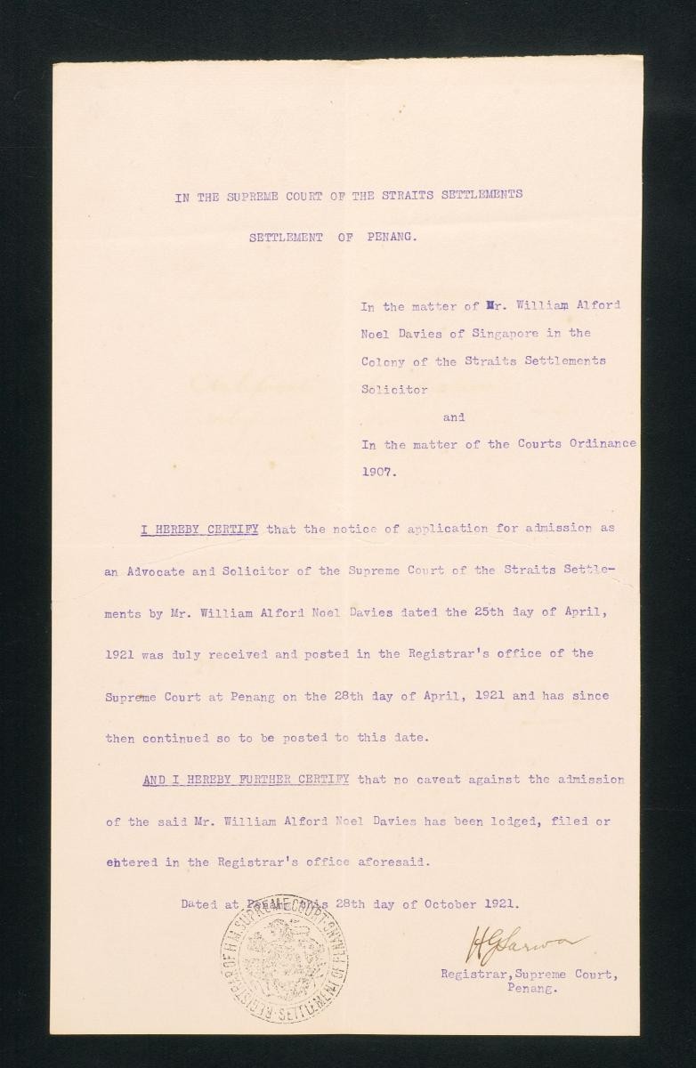 Registrar's certificate of the Supreme Court, Penang for William Alford Noël Davies