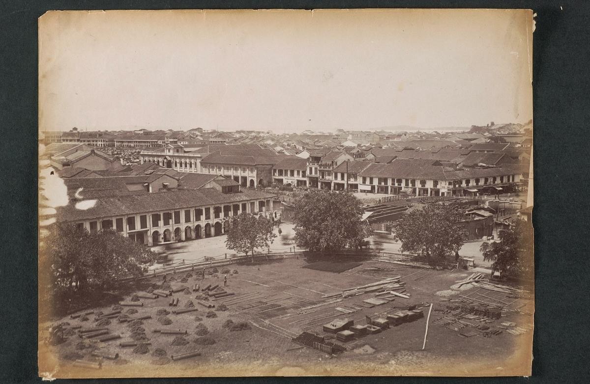 View of Coleman Bridge under reconstruction with parts laid out on the site of Hill Street Police Station (now MICA Building)