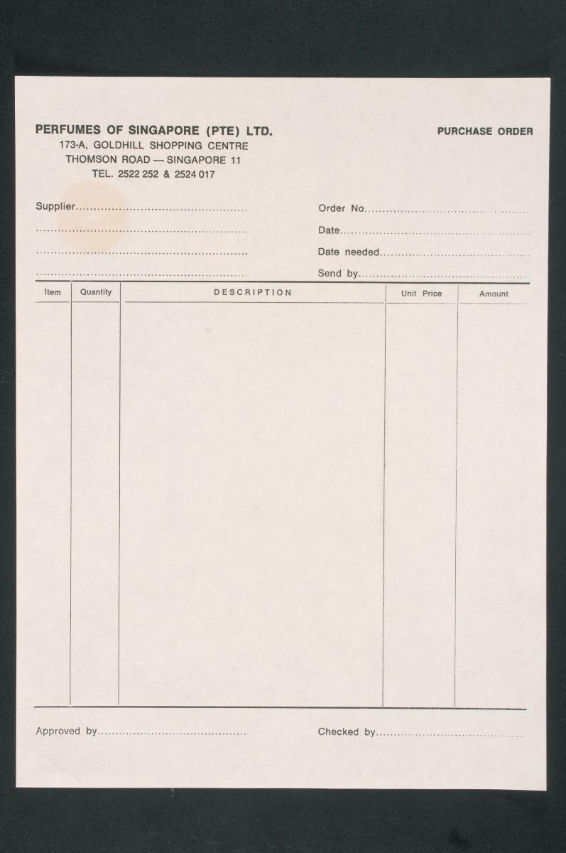 Purchase order from 'Perfumes of Singapore Pte Ltd'