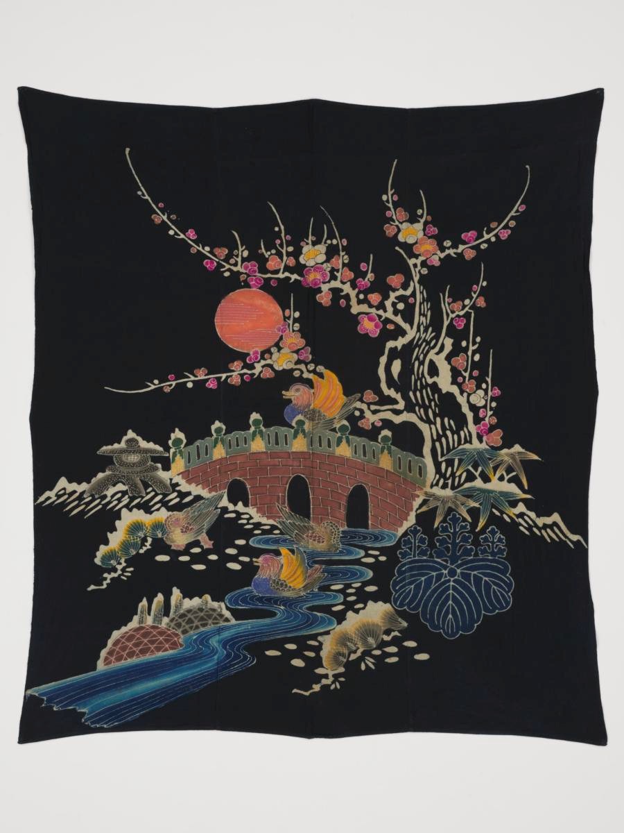 Furoshiki or cover with mandarin ducks and bridge