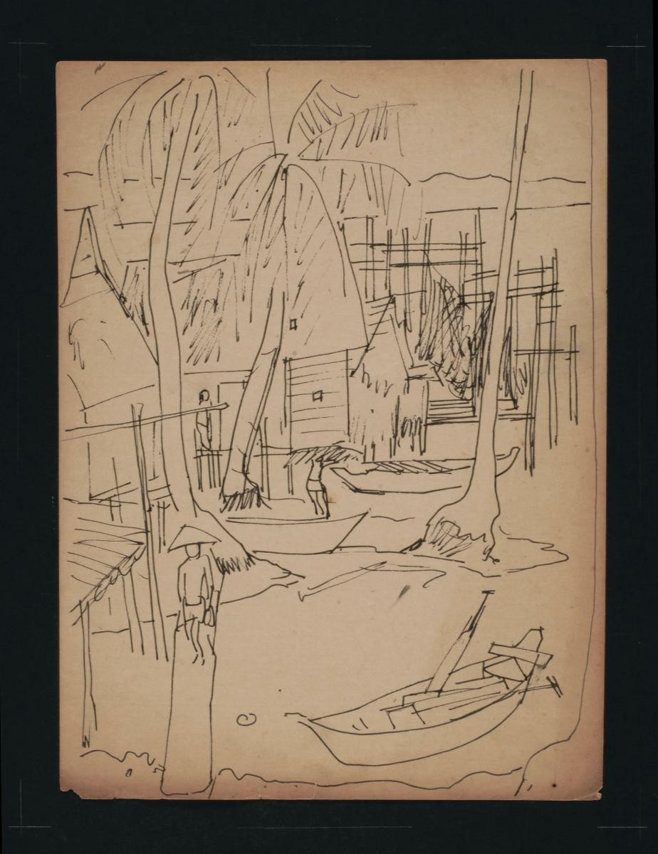 Untitled (Kampung Scene, Three People Engage in Various Activities)