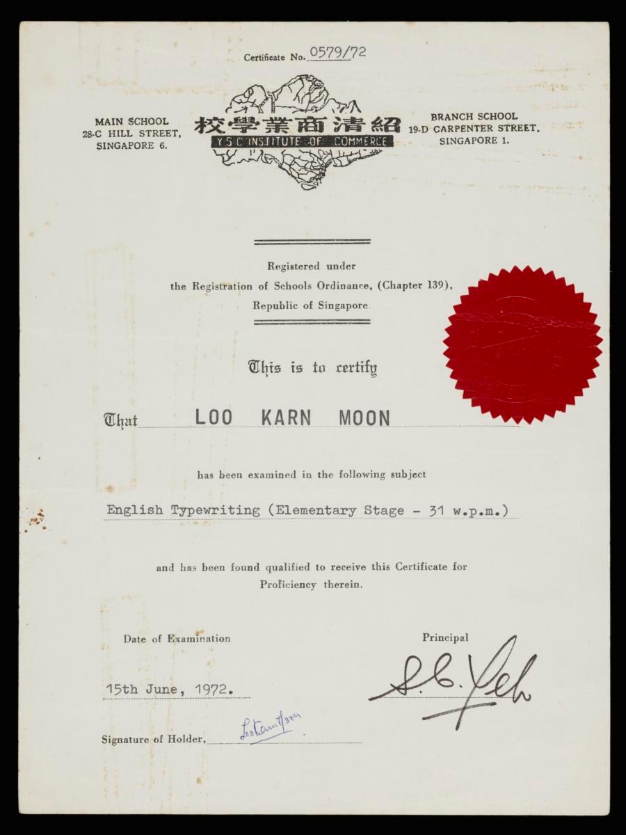 Y S C Institute of Commerce typewriting certificate