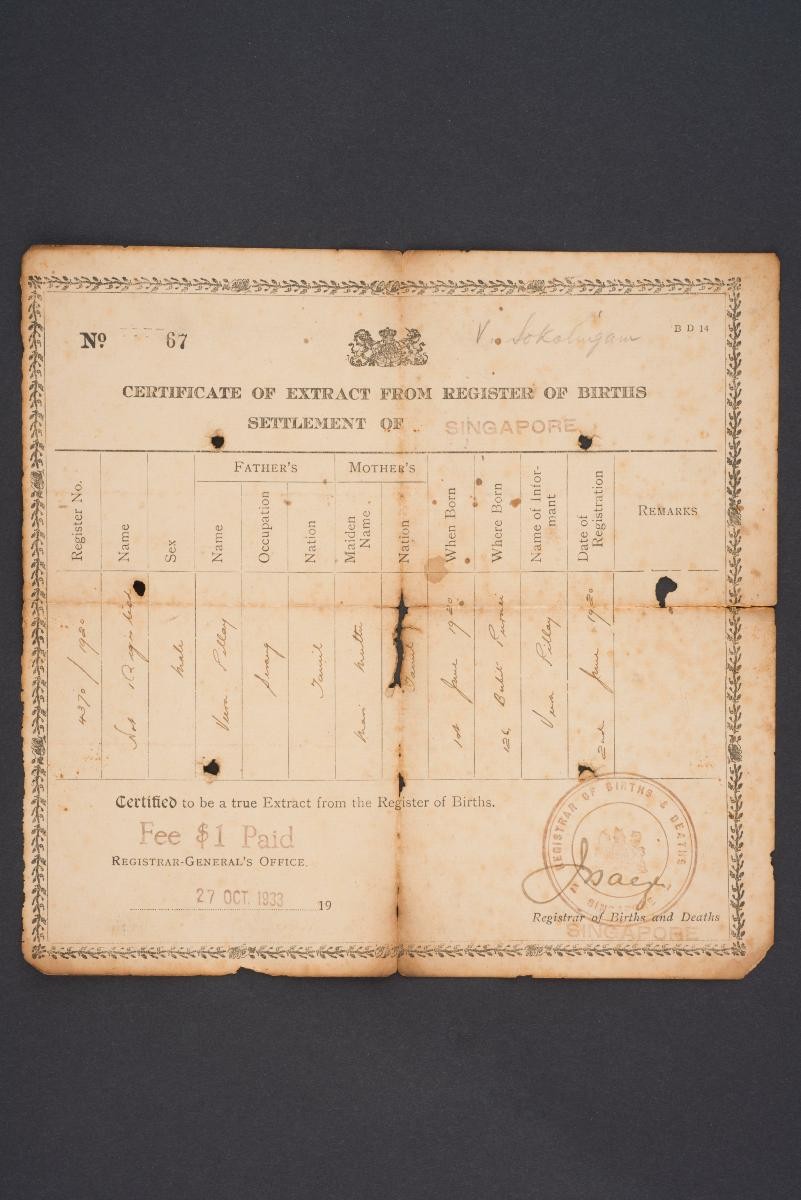Certificate of Extract from Register of Births Settlement of Singapore issued to V.Sockalingam