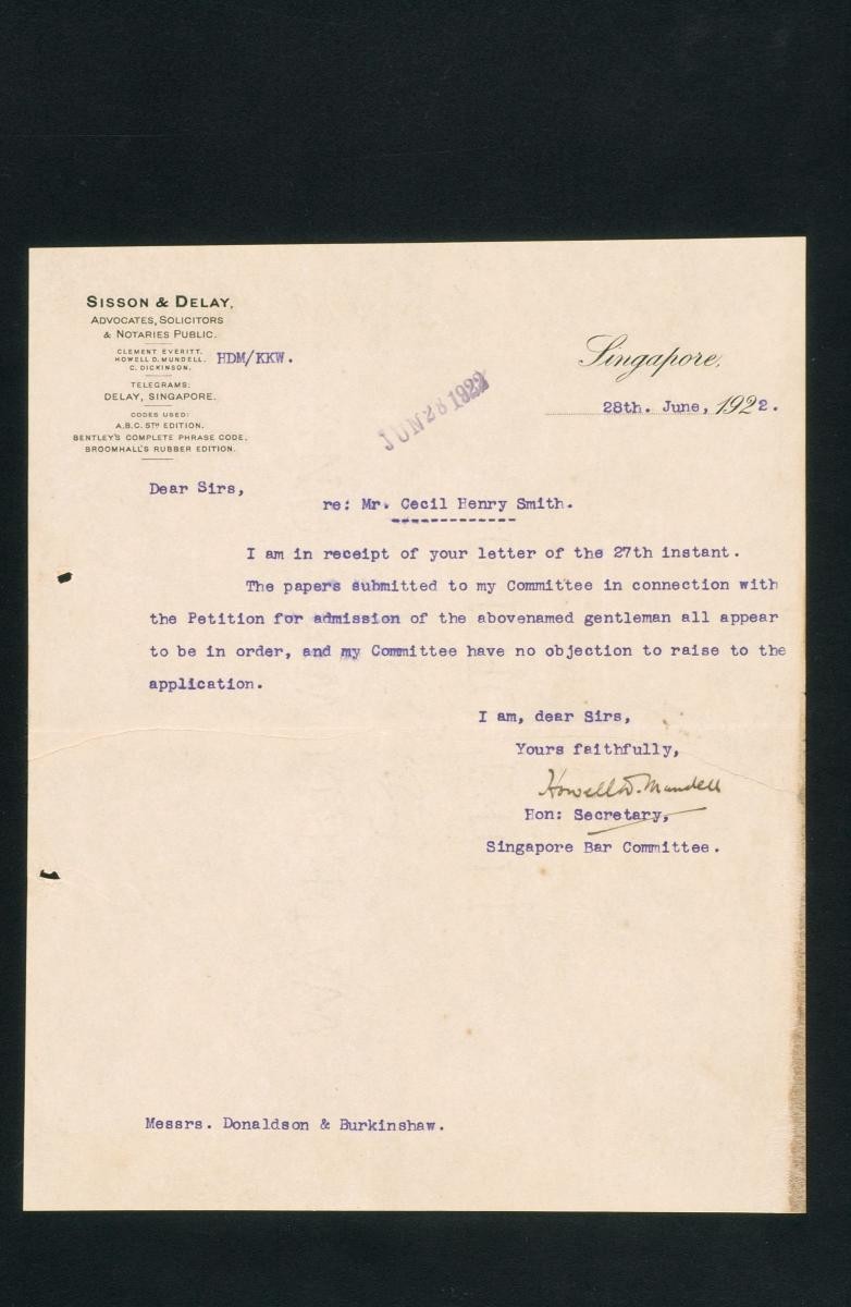 Letter from the Honorary Secretary of the Singapore Bar Committee to Messrs Donaldson and Burkinshaw