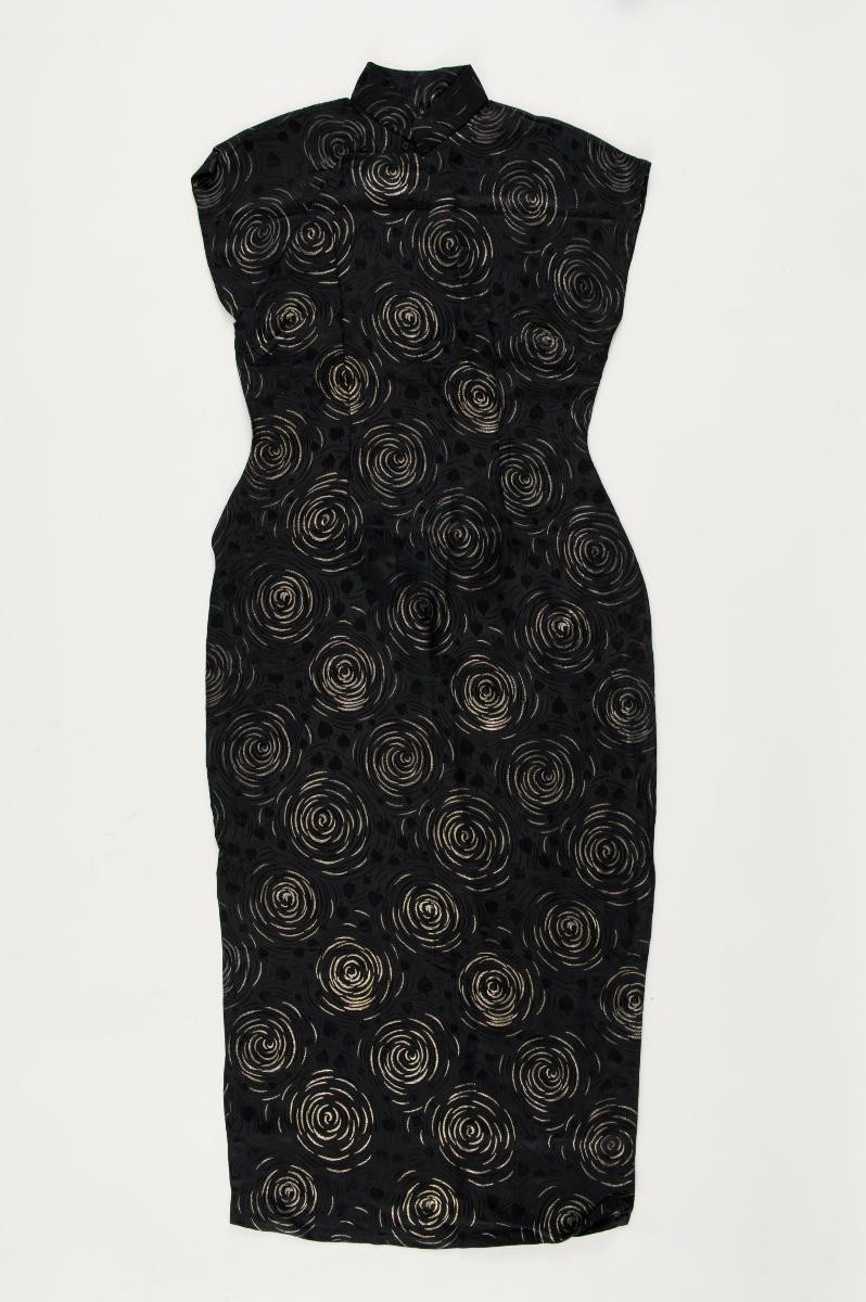 Black cheongsam wtih gold floral motifs
