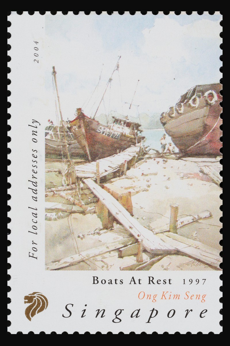 A stamp featuring ‘Boats at Rest, 1997’ by Ong Kim Seng