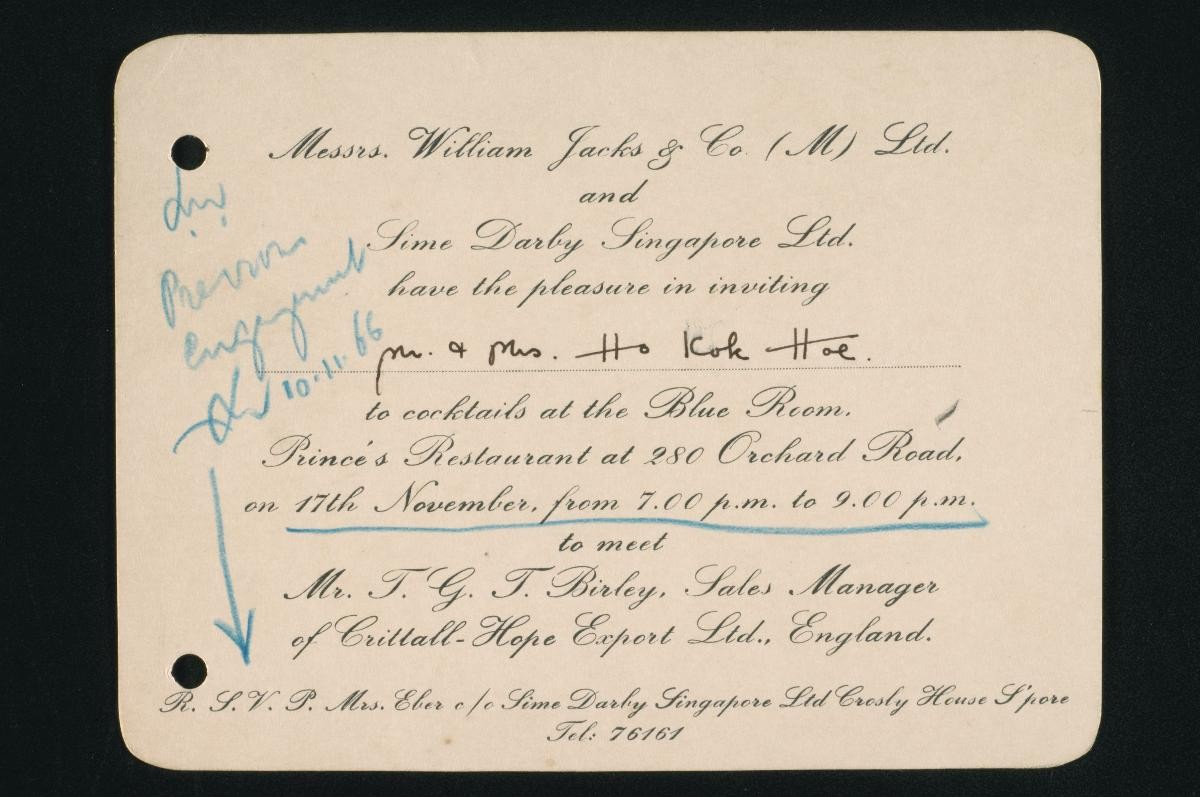 Invitation card to a cocktail reception hosted by Messrs William Jack & Company Limited and Sime Darby Singapore Limited
