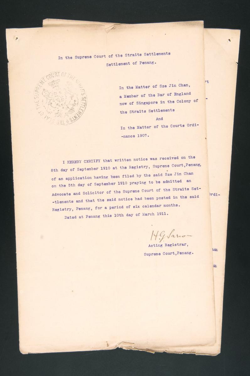 Registrar's certificate of the Supreme Court, Penang for Sze Jin Chan