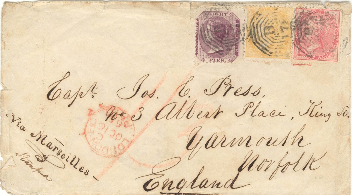 Cover sent to Norfolk on 1865, 7 Sept with 1855-1866 Queen Victoria 8-pence, 2-anna and 8-anna stamps cancelled by “B/172”.