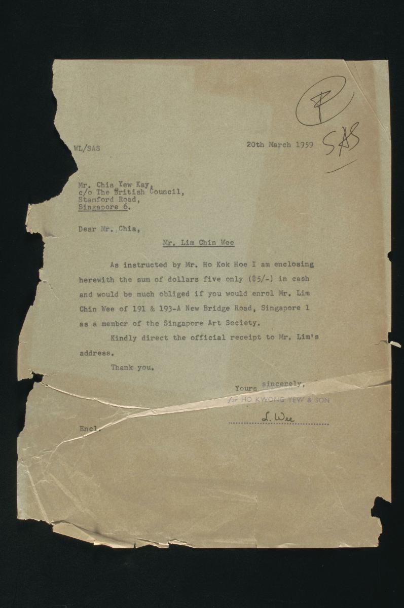 Singapore Art Society membership application letter