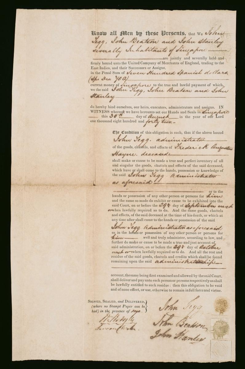 Administration bond of John Legg, John Beatron, and John Manley