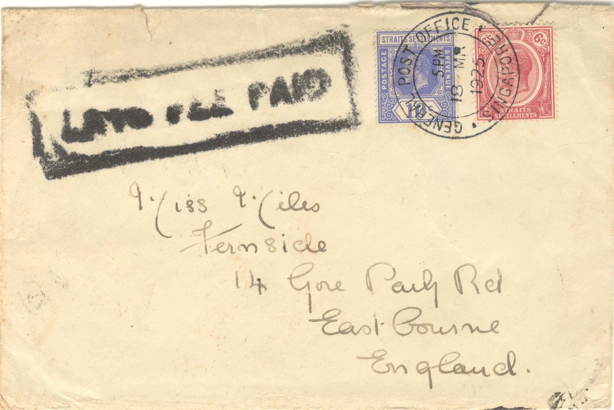 Cover sent to United Kingdom bearing King George V 1912-33 10-cent bright blue stamp (Die I) and 6-cent claret.