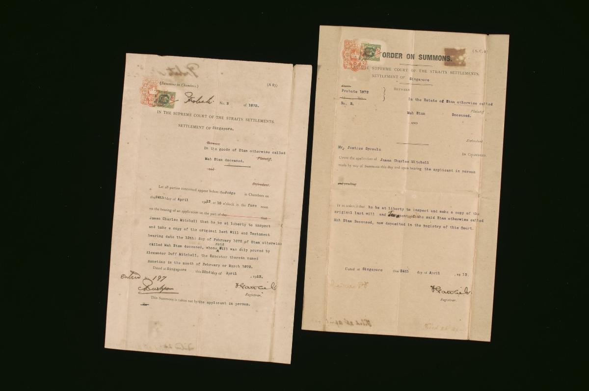 Summons in Chambers and Order on Summons concerning the estate of Mah Etam