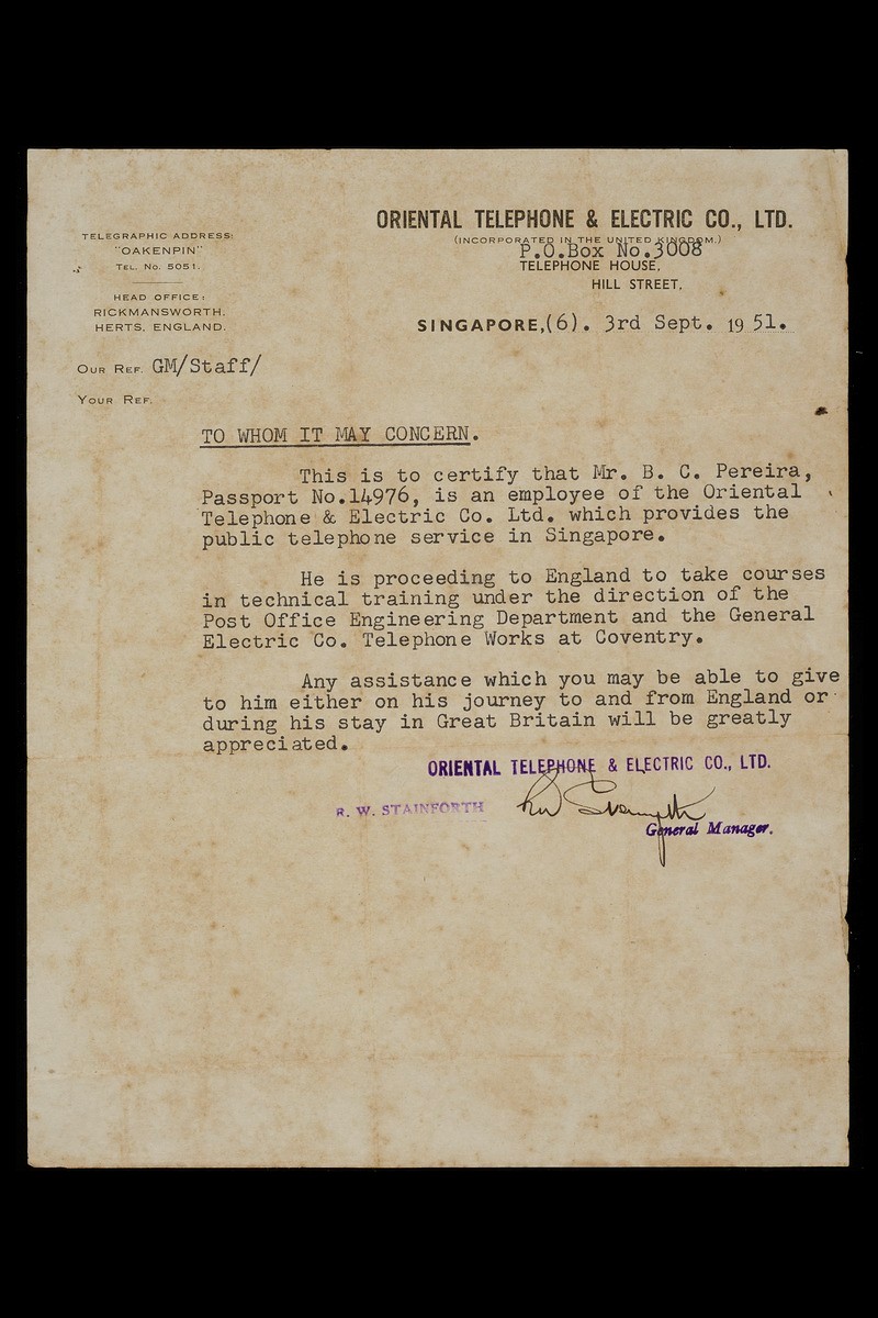Letter from the General Manager of the Oriental Telephone & Electric Company