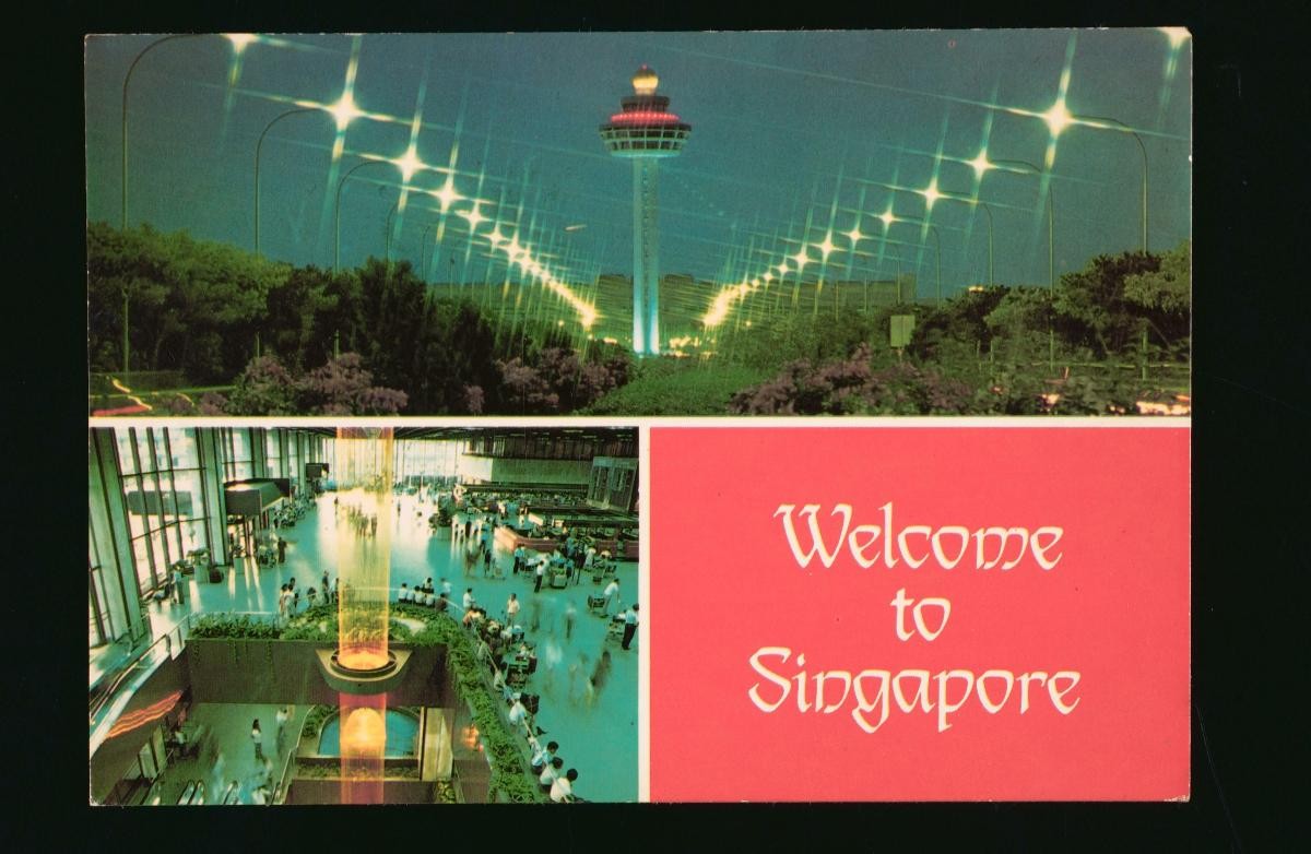 The Changi Airport control tower and Terminal One building passenger departure hall