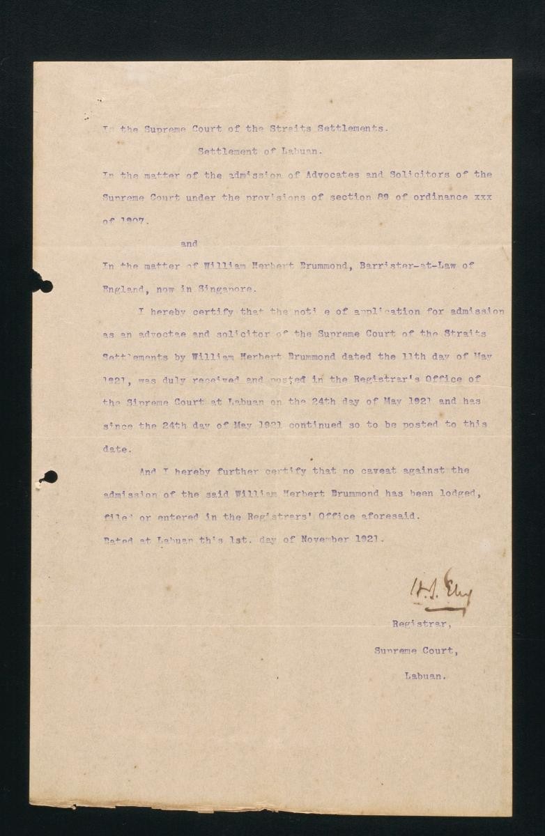 Registrar's certificate of the Supreme Court, Labuan for William Herbert Drummond
