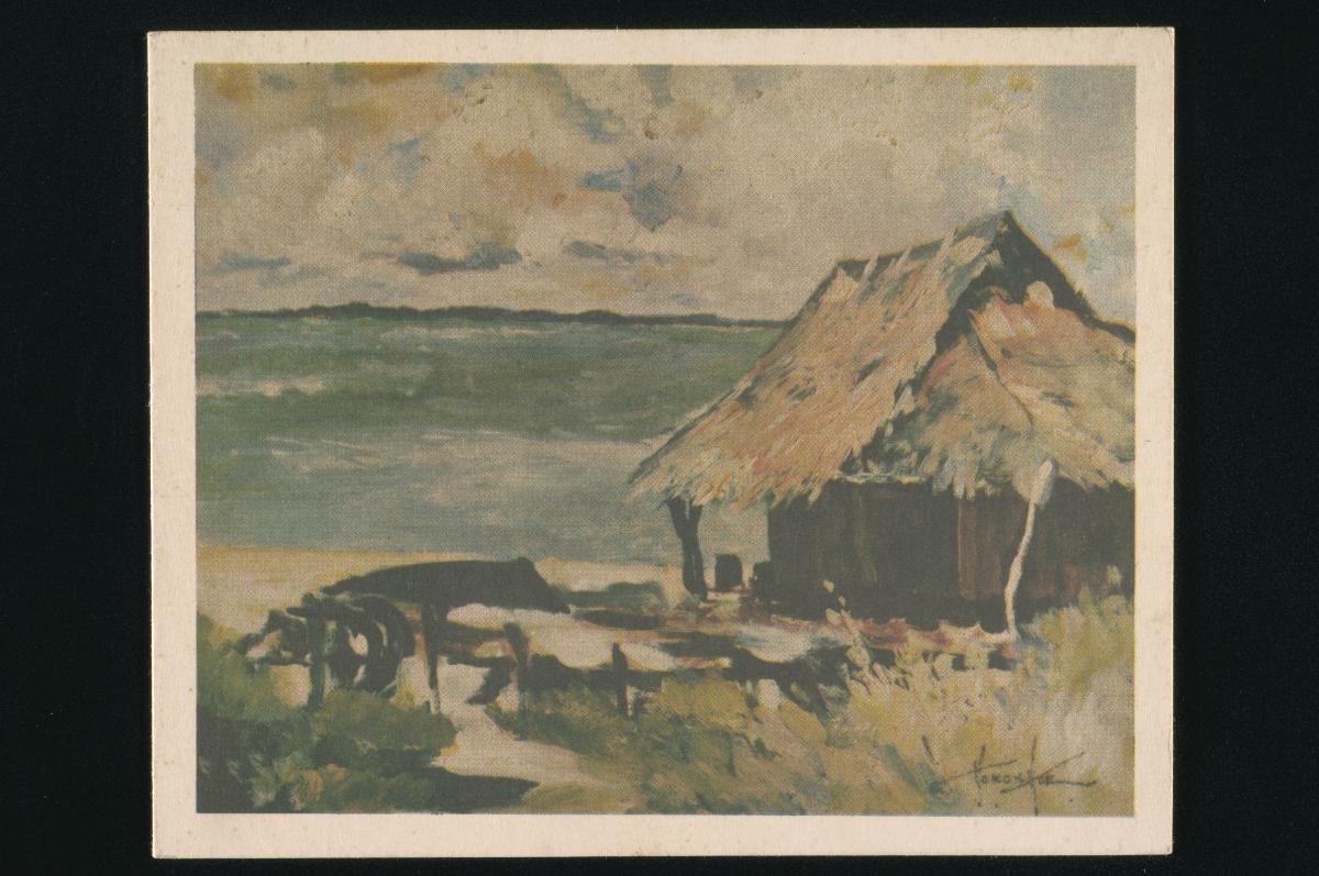 Painting by Ho Kok Hoe depicting an attap hut by the sea