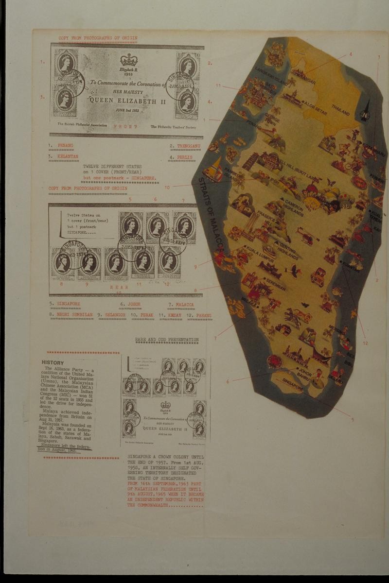 Document featuring the map of Singapore and Malaysia, first day cover commemorating the coronation of Queen Elizabeth II and a brief post-war political history of Singapore and Malaysia