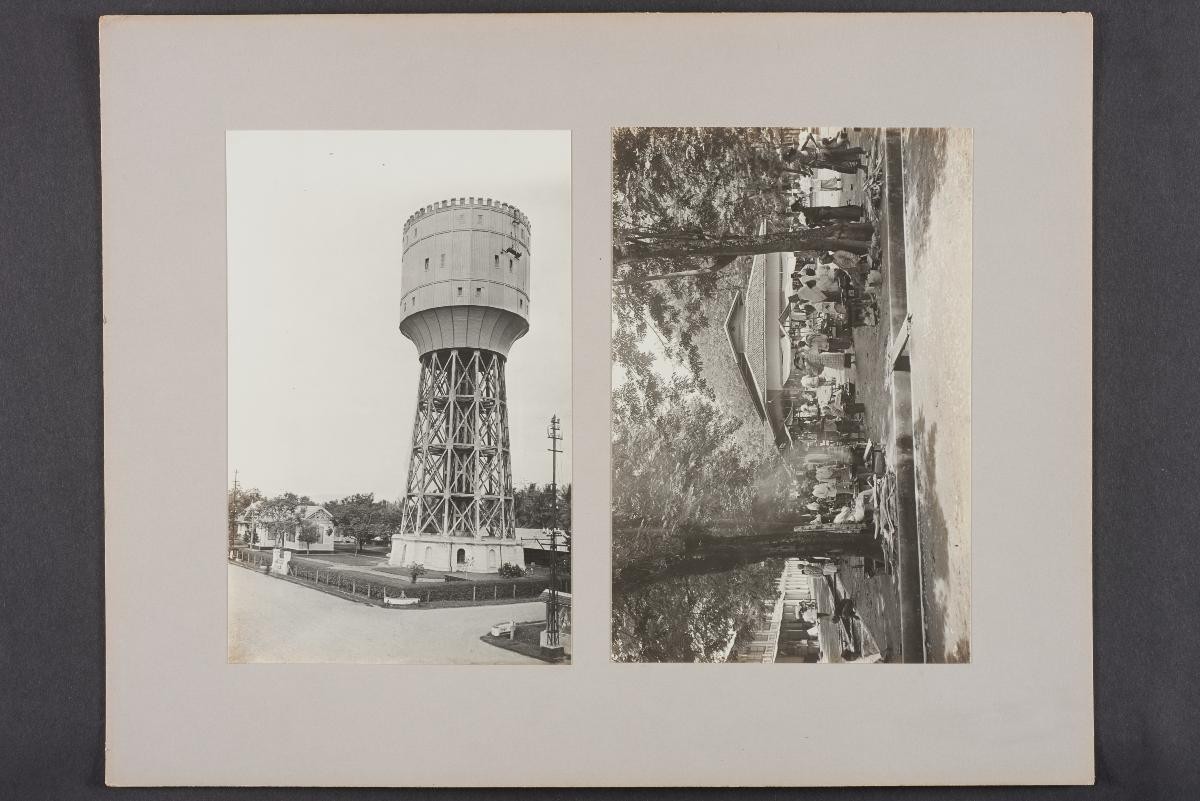 Tirtanadi water tower (left) and market scene (right) in Medan