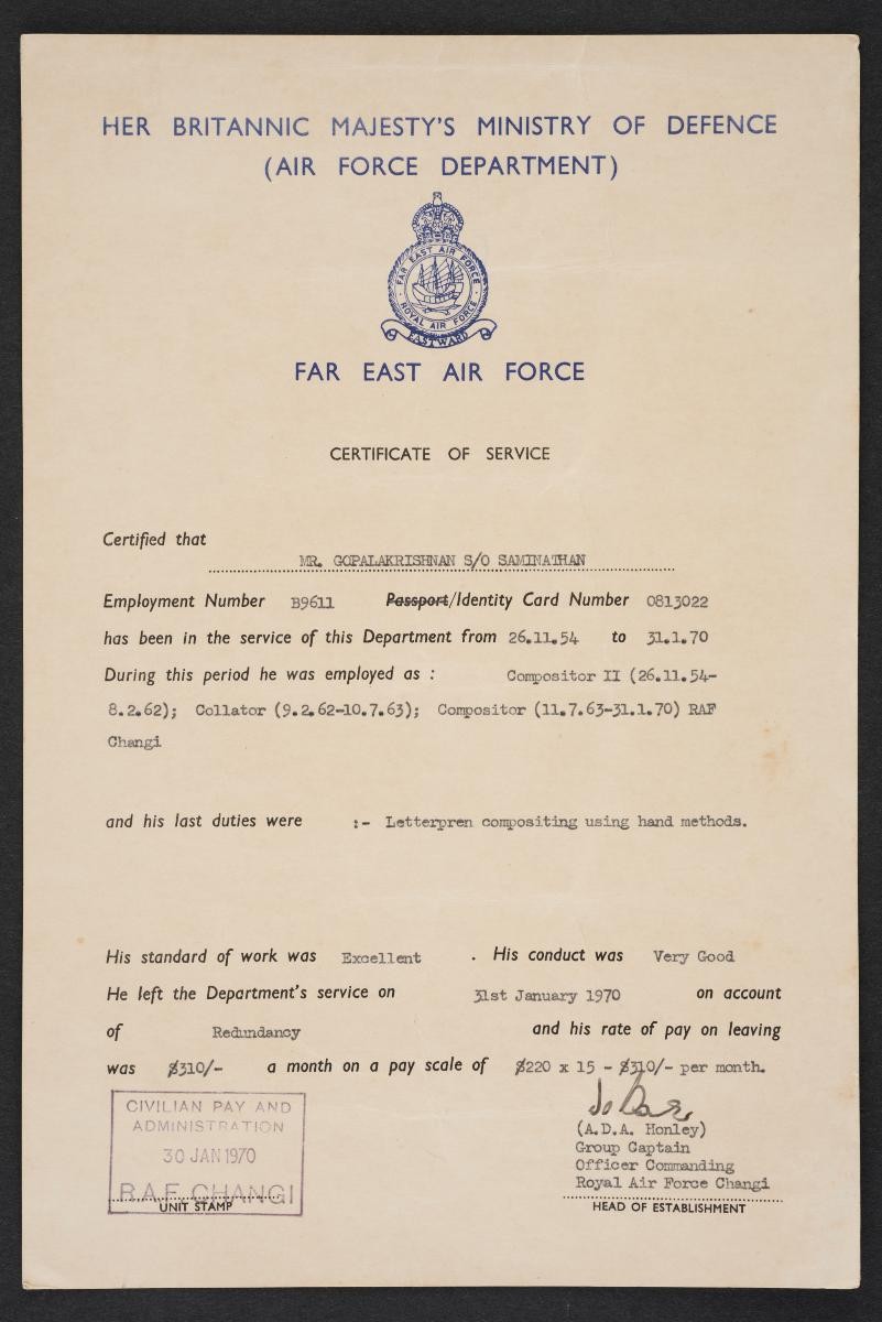 Far East Air Force certificate of service awarded to S Gopalakrishnan for service from 26 November 1954 to 31 Janury 1970