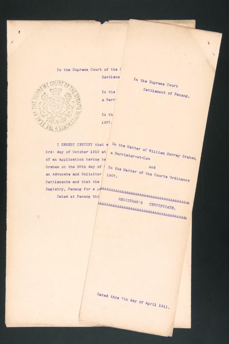 Registrar's certificate of the Supreme Court, Penang for William Murray Graham