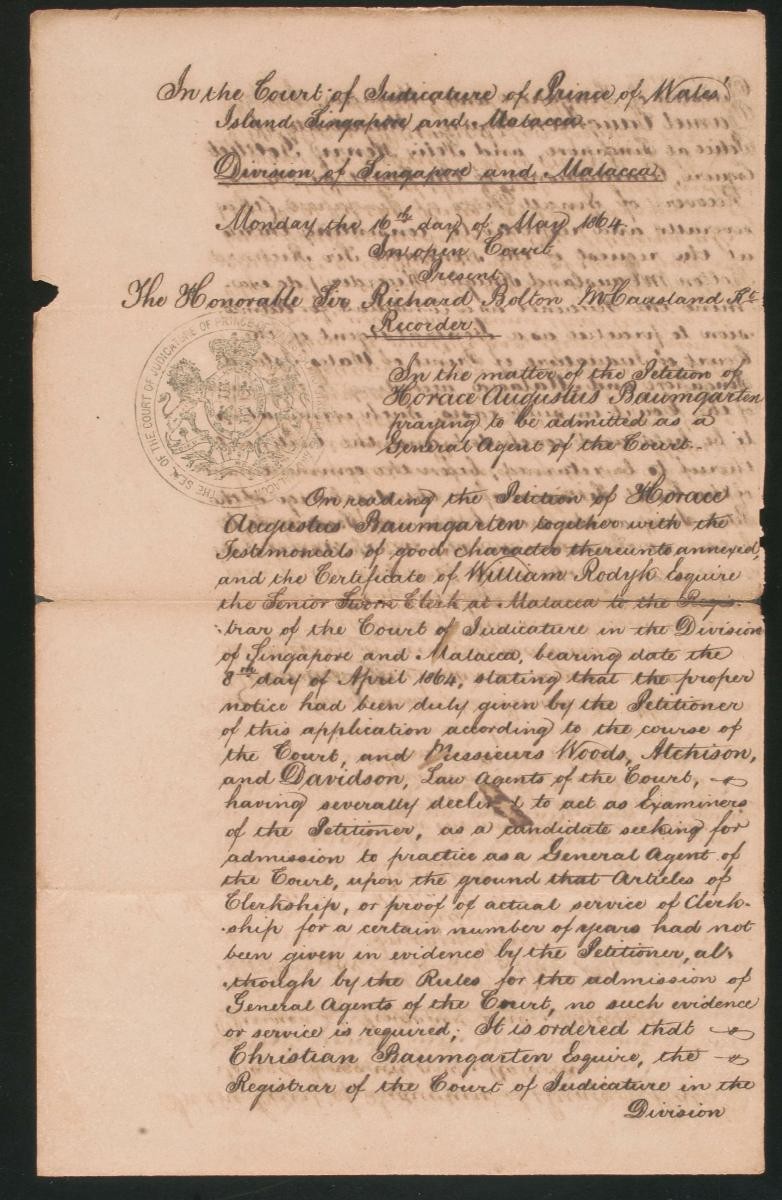 Order of the Court of Judicature concerning the admission of Horace Augustus Baumgarten