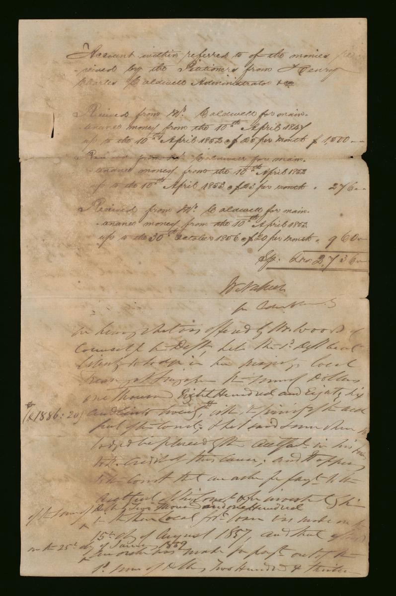 Account of the monies received from the estate of Henry Charles Galdwell