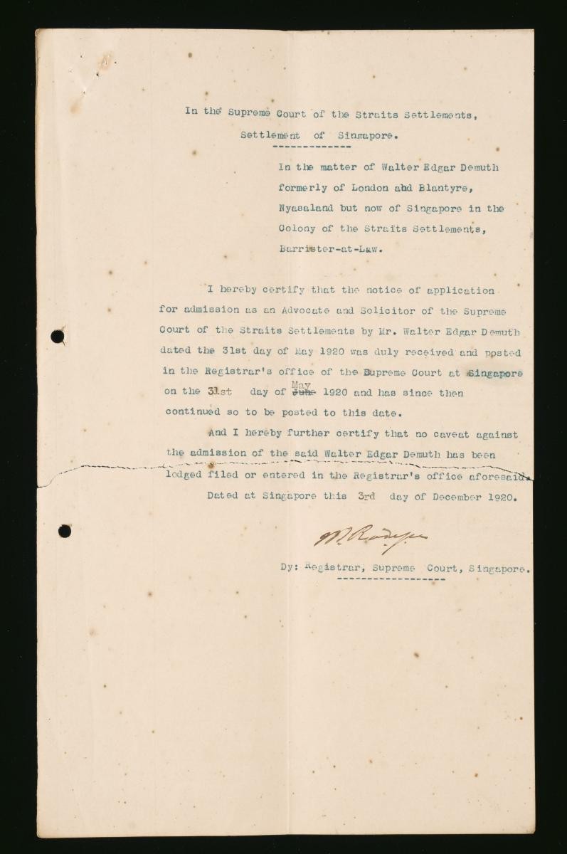 Registrar's certificate of the Supreme Court, Singapore for Walter Edgar Demuth