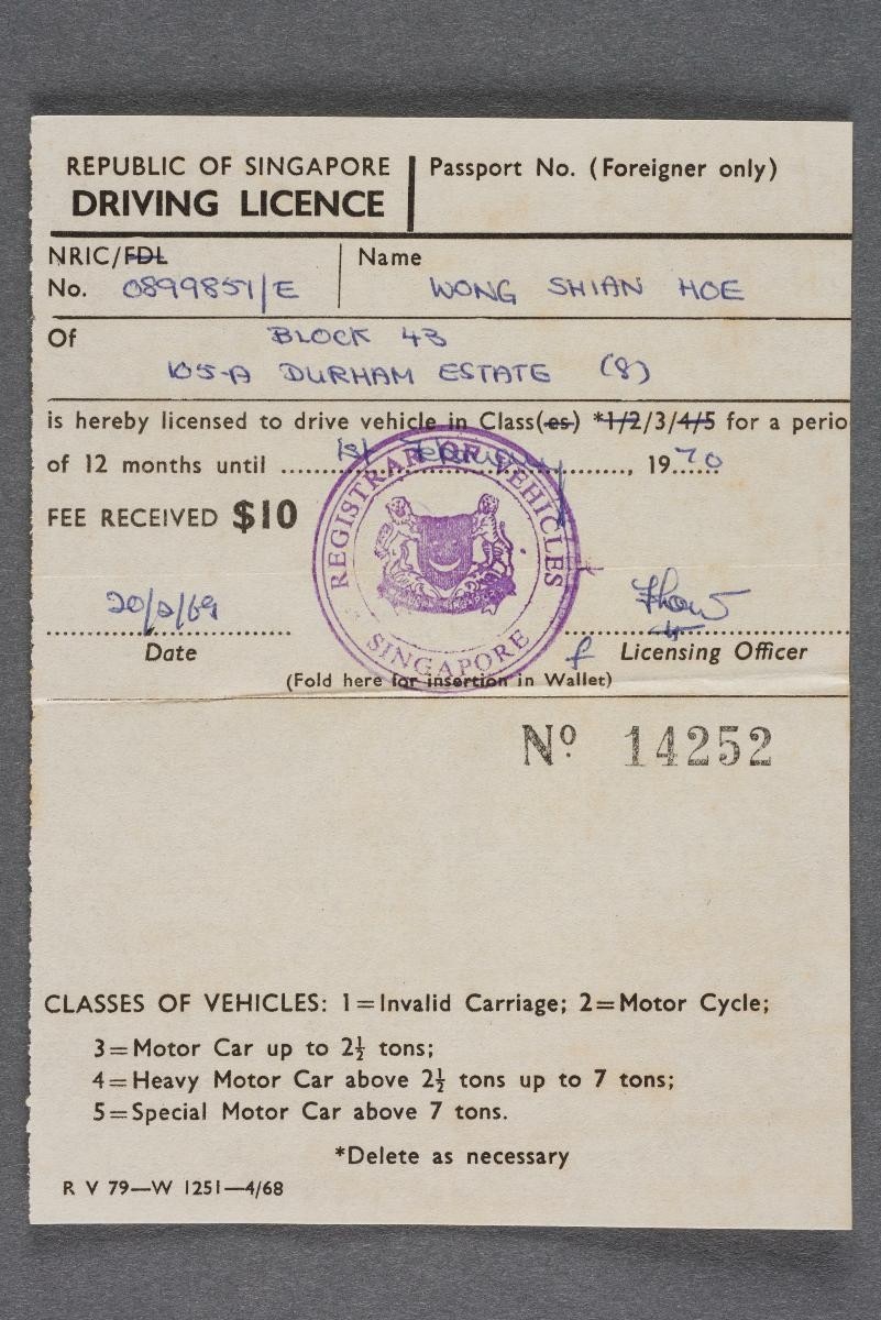 Driving licence (no. 14252) issued by the Registry of Vehicles
