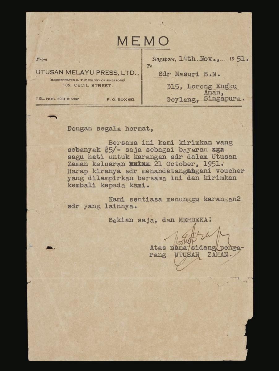 Memo addressed to Masuri S.N. from Utusan Melayu Press, 1951