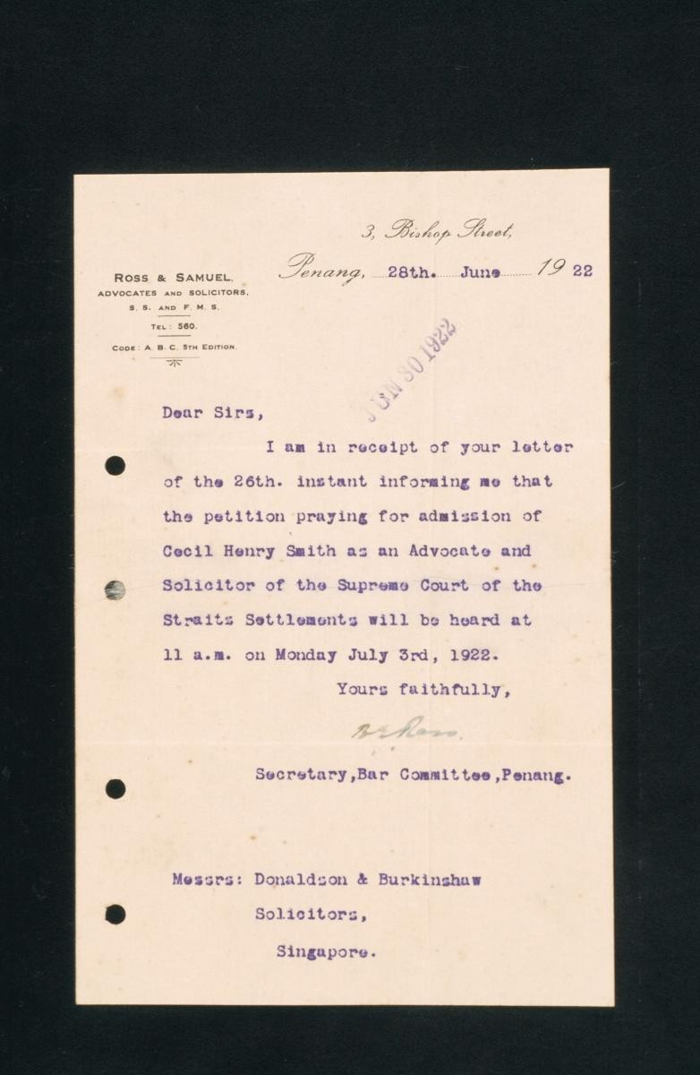 Letter from the Secretary of the Bar Committee in Penang to Messrs Donaldson and Burkinshaw