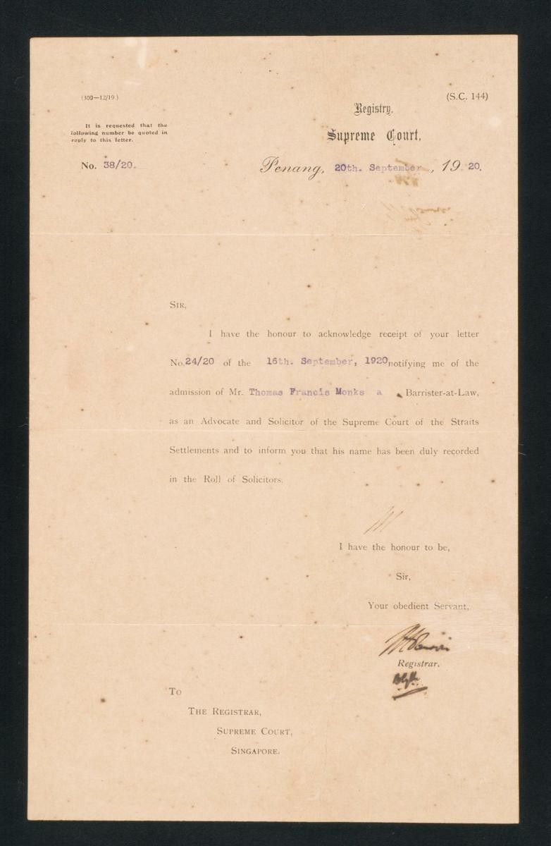Letter from the Registrar of the Supreme Court, Penang to the Registrar of the Supreme Court, Singapore