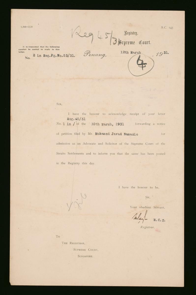Letter from the Registrar of the Supreme Court, Penang to the Registrar of the Supreme Court, Singapore