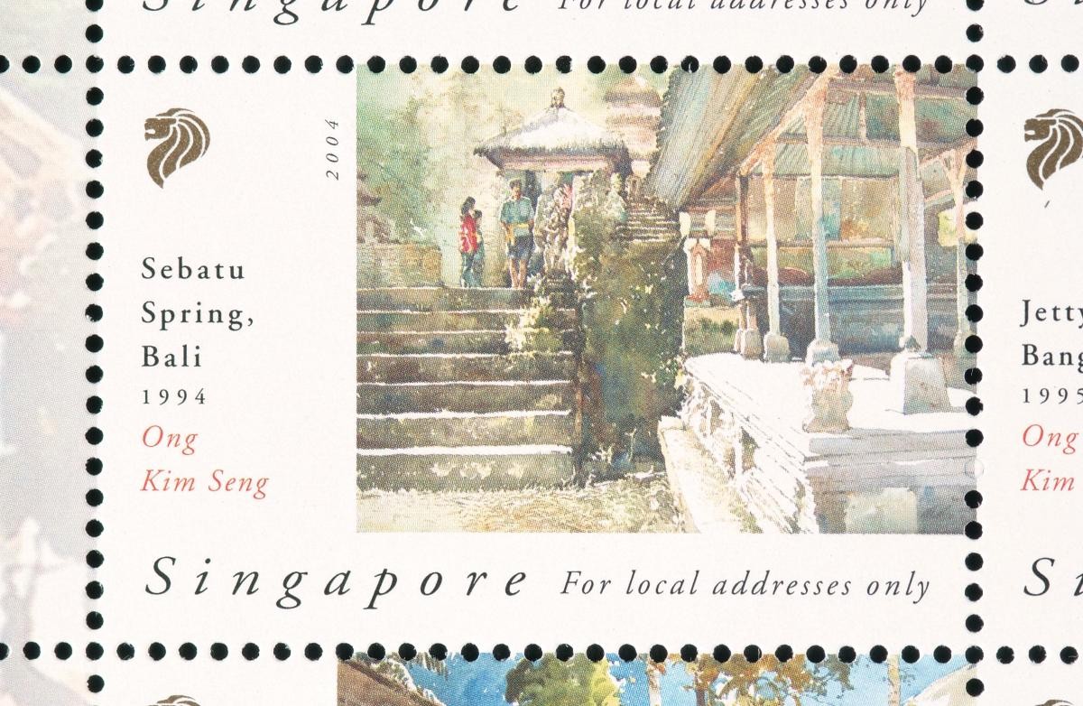 A stamp featuring ‘Sebatu Spring, Bali, 1994’ by Ong Kim Seng
