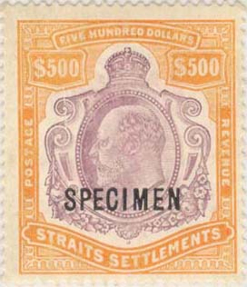 Specimen of King Edward VII's Straits Settlements $500 high value definitive stamp issue of 1902-12.